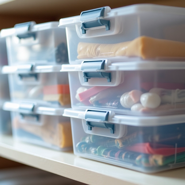 Caixas de plástico transparentes empilhadas com materiais de artesanato visíveis.