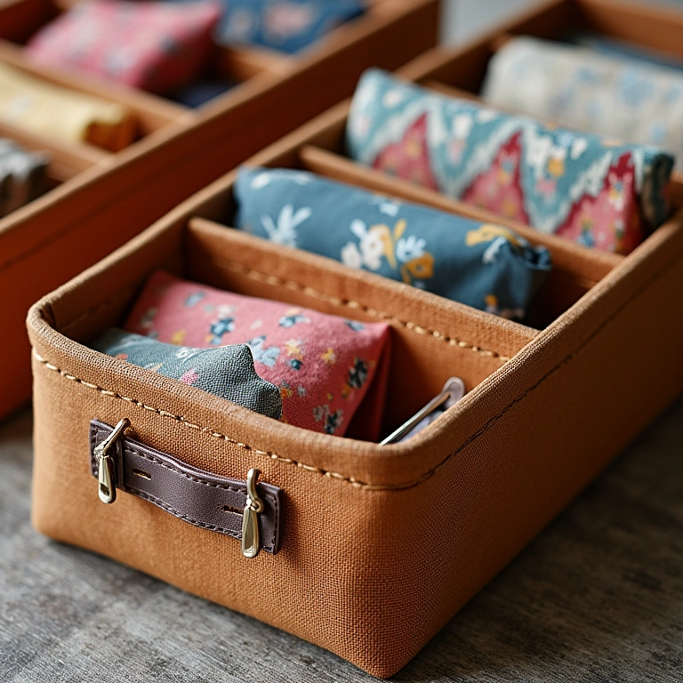 Caixas de tecido com divisórias removíveis organizando materiais de costura.