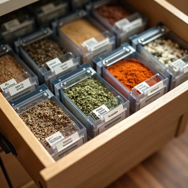 Caixas organizadoras de plástico transparente na gaveta da cozinha com temperos.