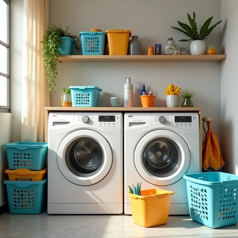 Caixas organizadoras e cestos na área de serviço.