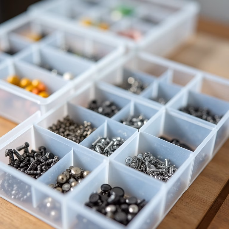 Caixas organizadoras transparentes com divisórias repletas de peças pequenas, otimizando espaço.
