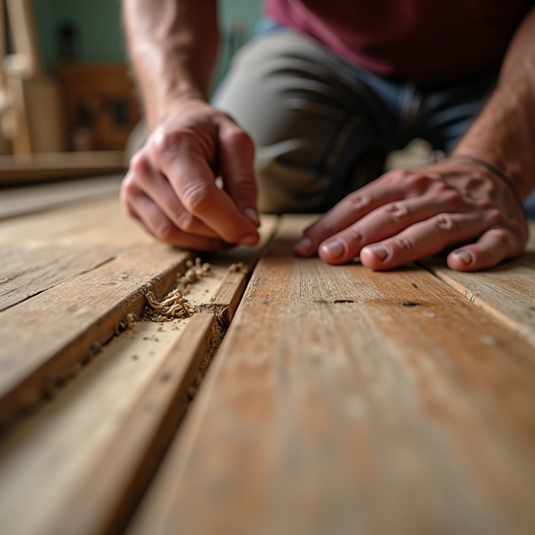 Calafetação de assoalho de madeira antigo, selando frestas com massa para madeira.