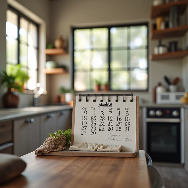 Calendário marcando os dias de limpeza do forno, em cozinha moderna.