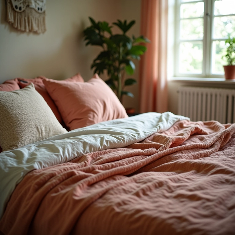 Cama aconchegante com almofadas e mantas em quarto de adolescente.