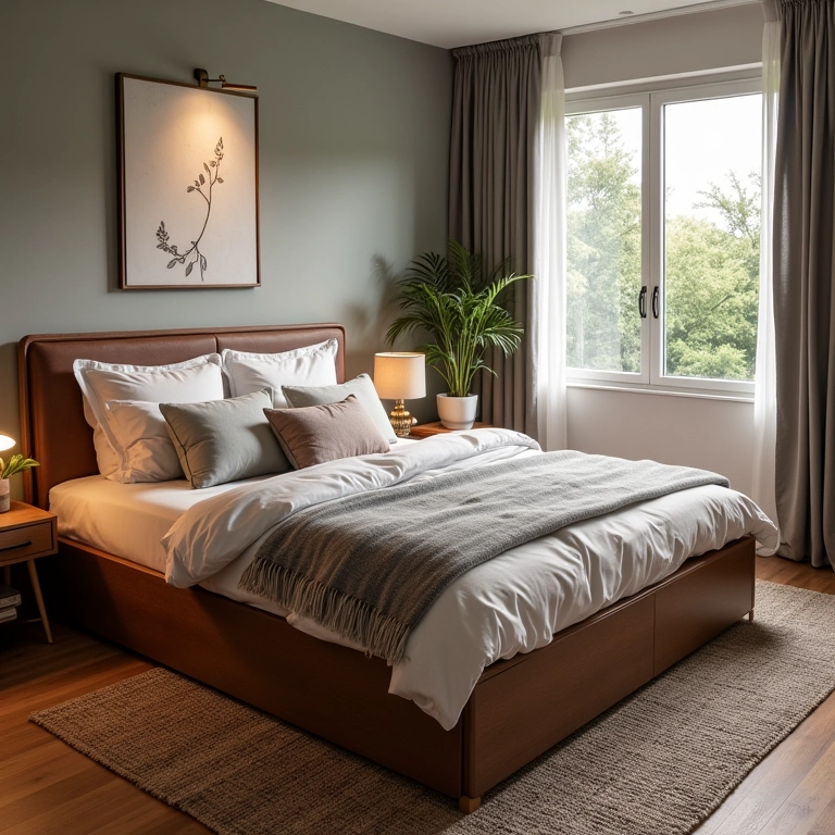 Cama box com baú oferecendo espaço extra em quarto de casal pequeno.