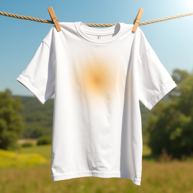 Camisa branca secando ao sol para clarear mancha de café.