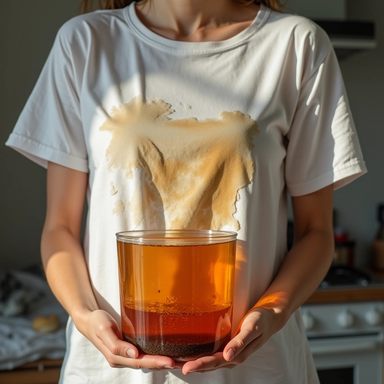 Camisa manchada de café seca sendo lavada em vinagre e água.