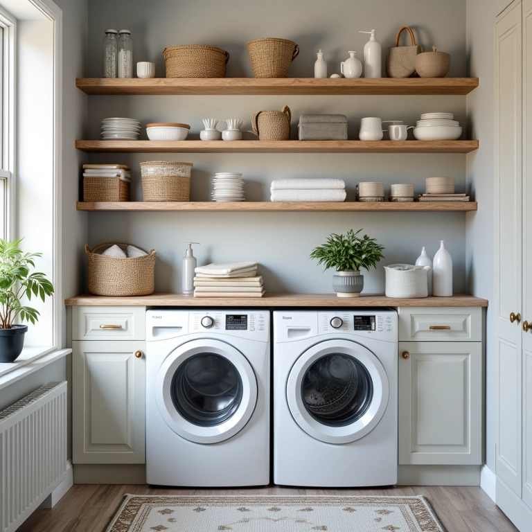 Cantinho da lavanderia organizado com nichos e prateleiras.