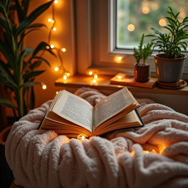Cantinho de leitura aconchegante com manta macia e luzes.