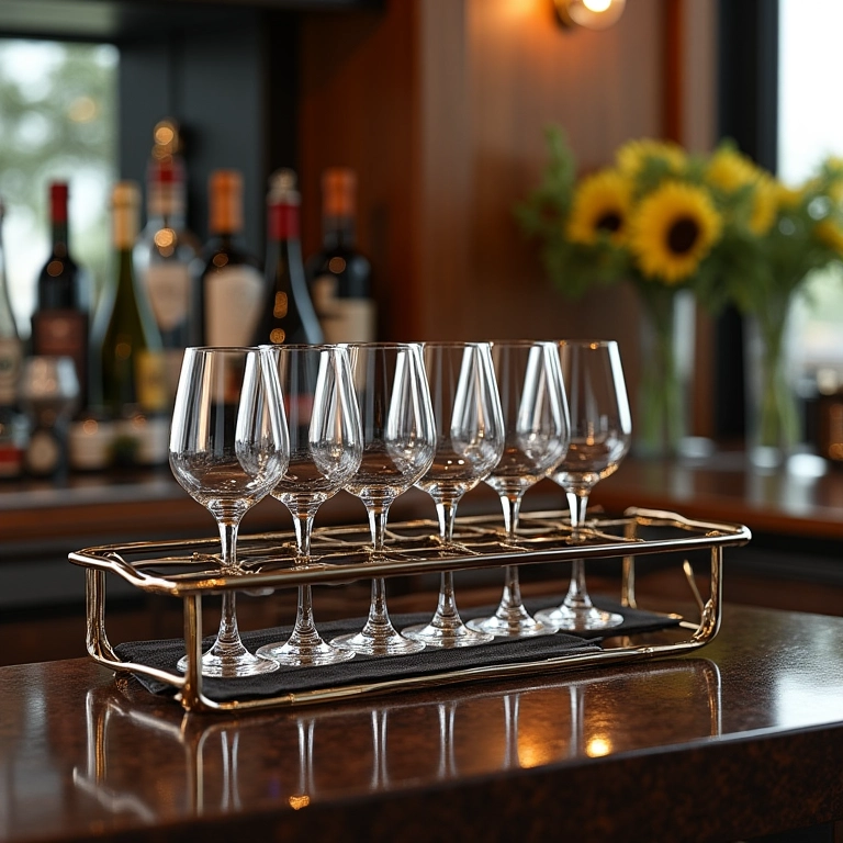 Carrinho bar elegante com suportes para taças, estilo brasileiro.