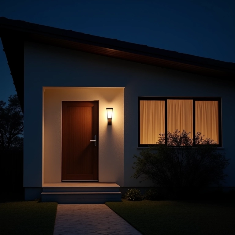 Casa bem iluminada com câmera de segurança, porta reforçada e simulador de TV.