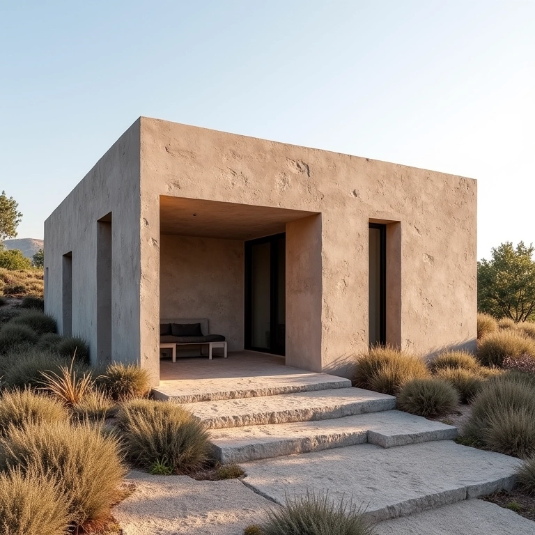 Casa construída com blocos de terra comprimida, texturas naturais e design minimalista.
