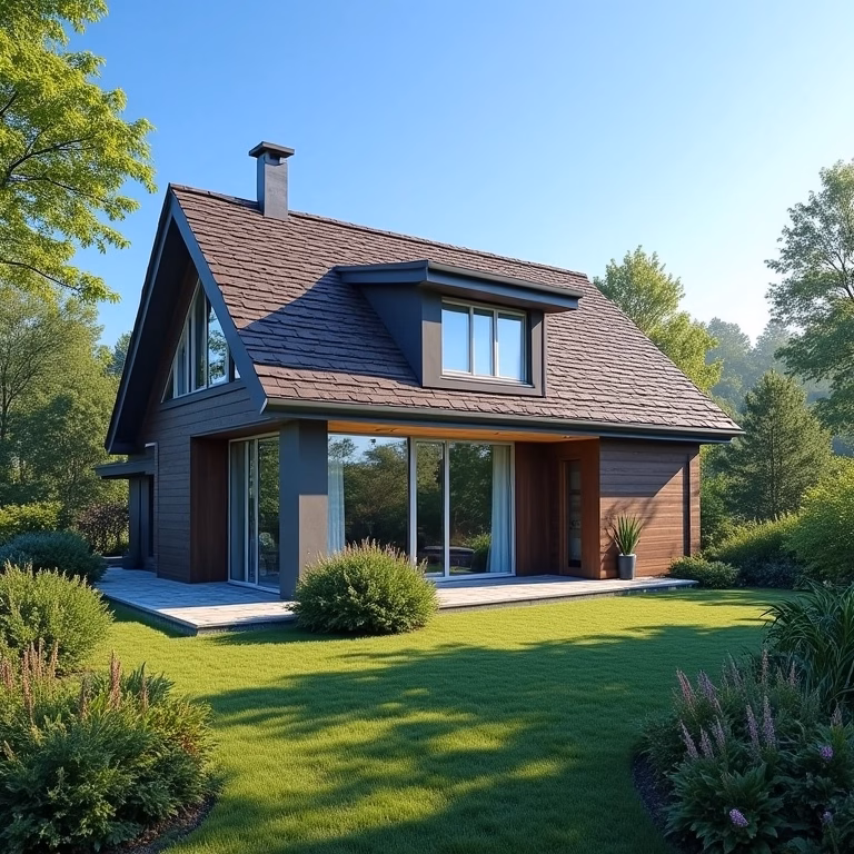 Casa moderna com telhado shingle, jardim exuberante.