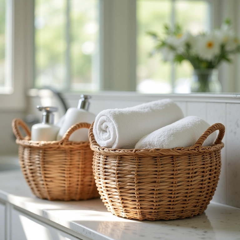 Cestas organizadoras de vime no lavabo.