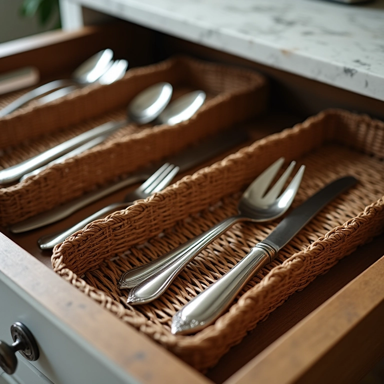 Cestinhas de vime usadas para organizar talheres em gaveta.