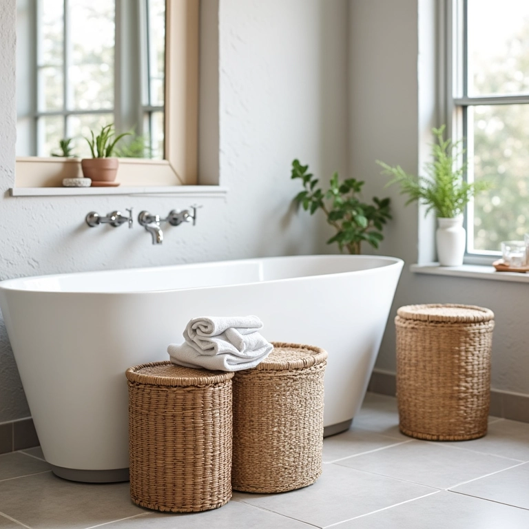 Cestos de vime organizando itens em um banheiro.