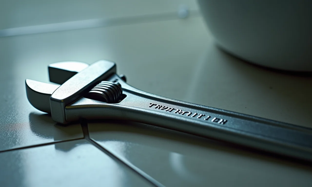 Chave de Grifo Ajustável da Tramontina ao lado de um vaso sanitário.