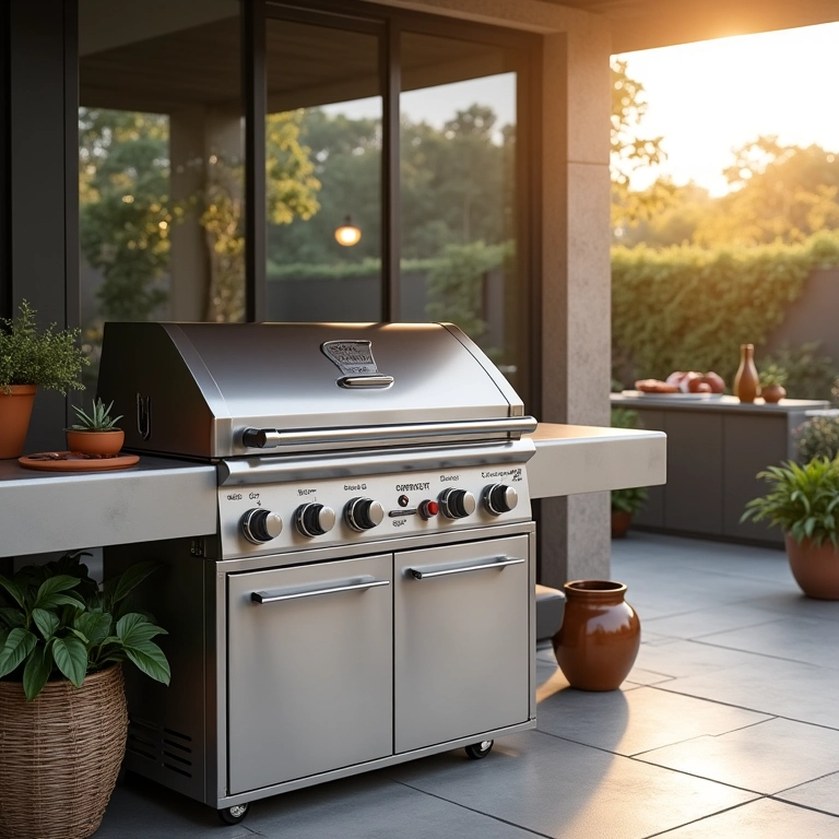 Churrasqueira a gás Evoluzione da Rotta 88 em área de churrasco moderna.