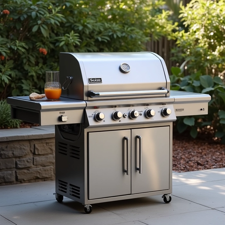 Churrasqueira moderna de aço inoxidável em área de churrasco.