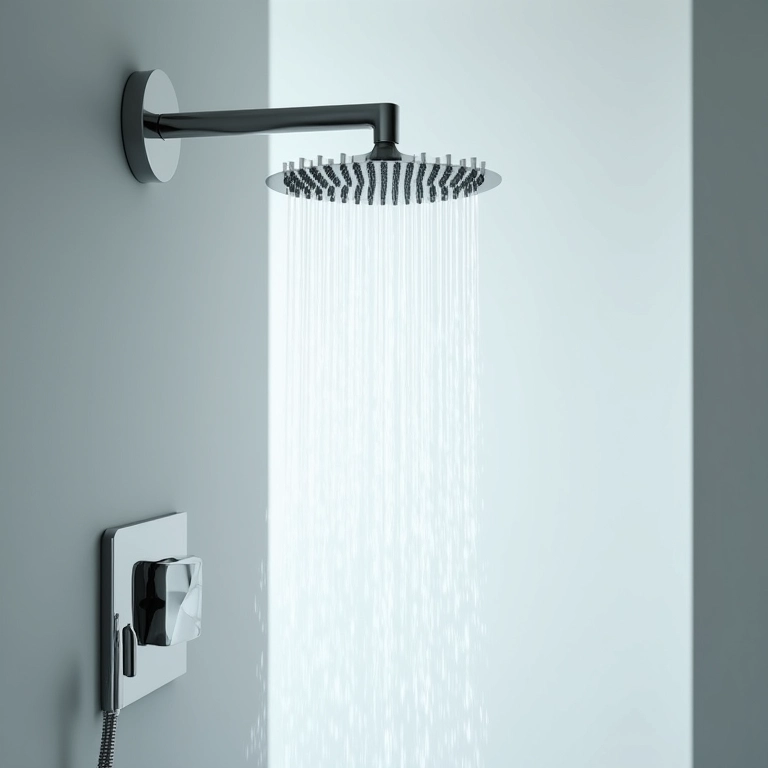 Chuveiro de teto com design diferenciado em banheiro minimalista.