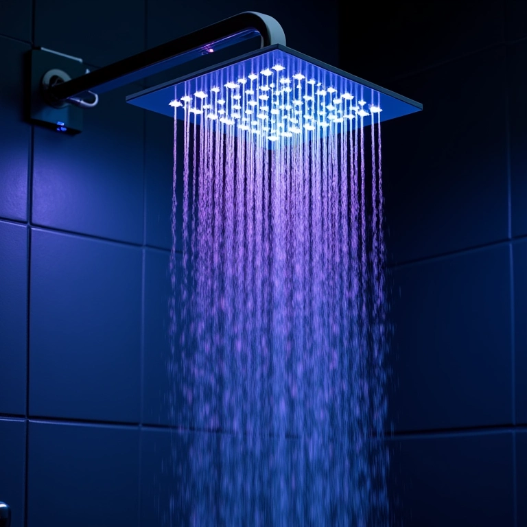 Chuveiro de teto com luzes LED coloridas iluminando a água.