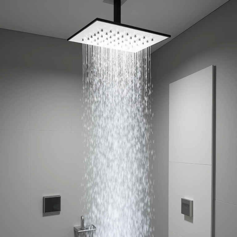 Chuveiro de teto Hydra Square em um banheiro contemporâneo.