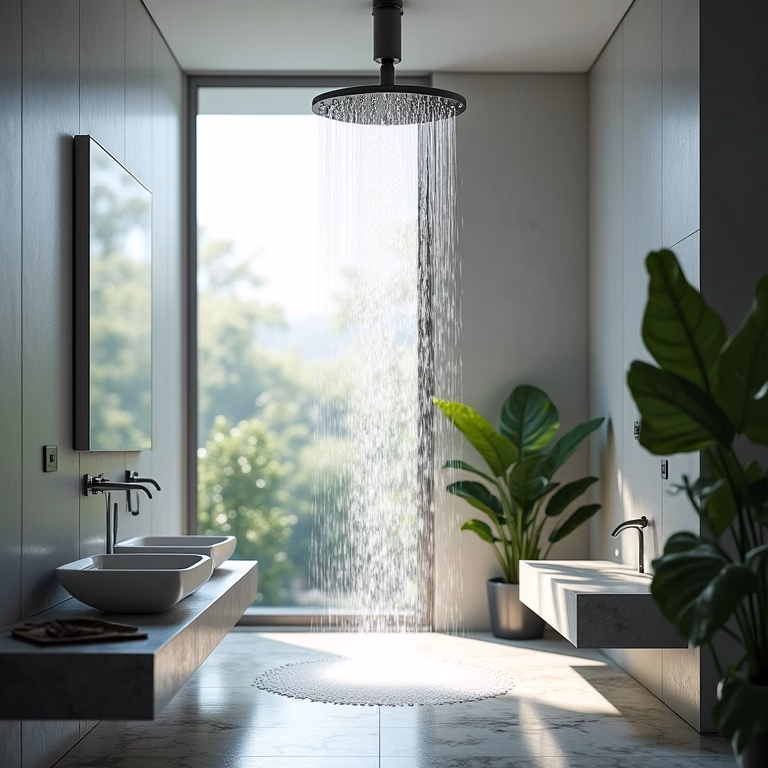 Chuveiro de teto moderno em banheiro iluminado, com foco no fluxo da água.