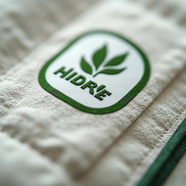 Close-up de um selo de certificação de material sustentável.