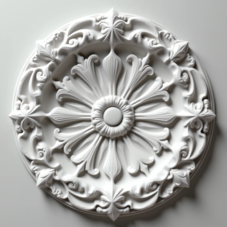 Close-up de uma roda de gesso artesanal com detalhes intrincados.