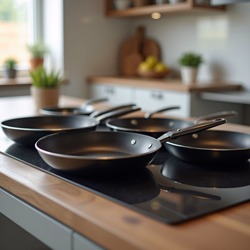 Close-up, professional photography of various non-stick pans (ceramic, titanium, teflon) on a Variedade de panelas antiaderentes: teflon, cerâmica e titânio.