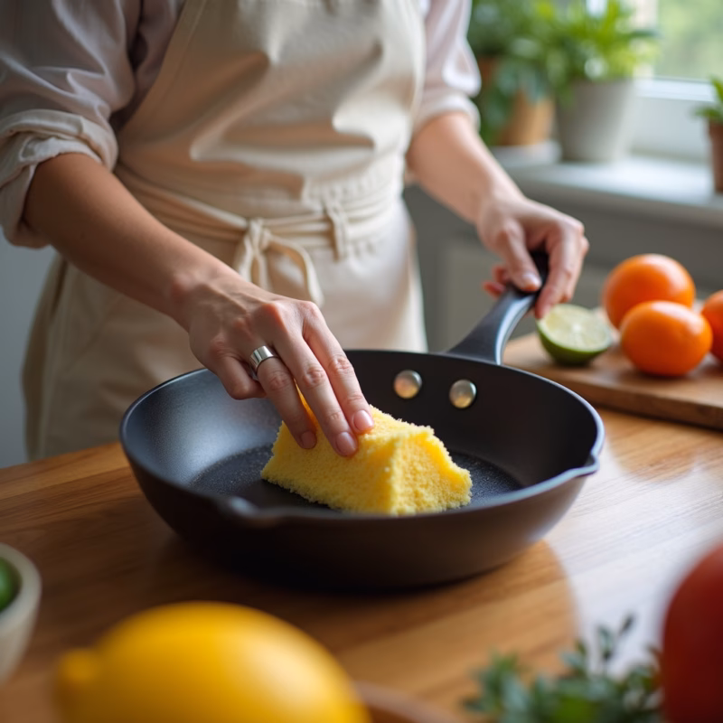 Close-up, professional photography, woman cleaning non-stick pan with soft sponge in a bright Mulher limpando panela antiaderente com esponja macia.