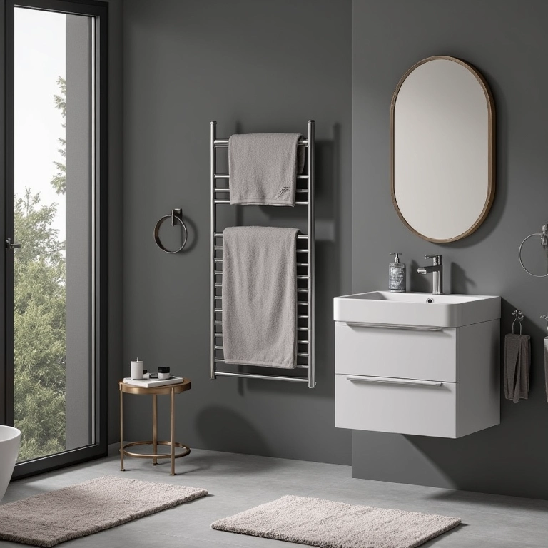 Combinação de cinza no banheiro com cores e acessórios.