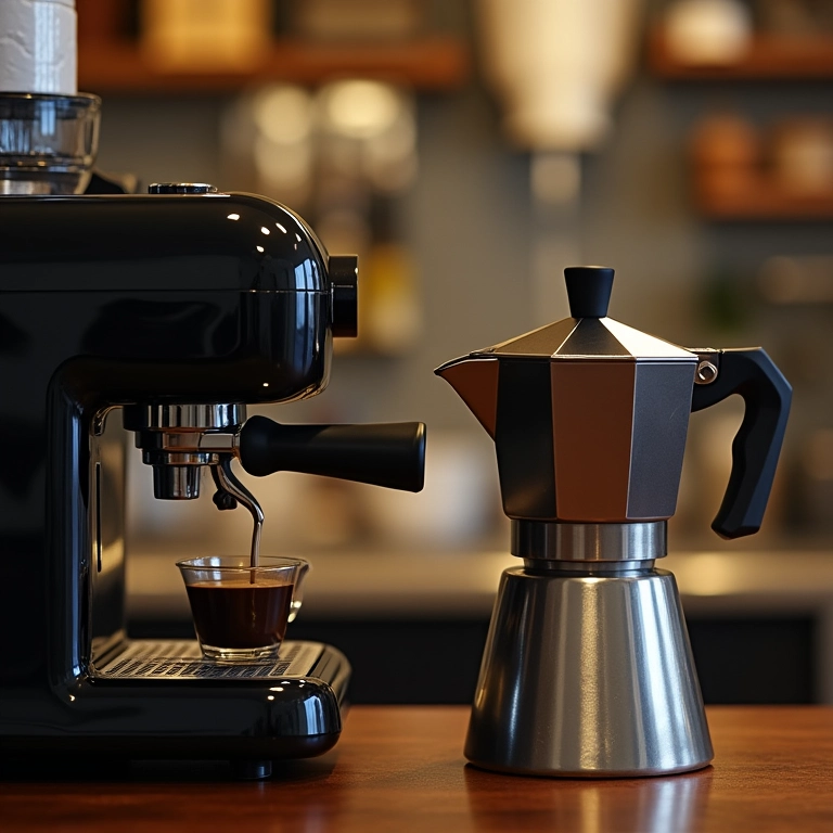 Comparação entre uma cafeteira expresso e uma cafeteira italiana em um ambiente brasileiro.