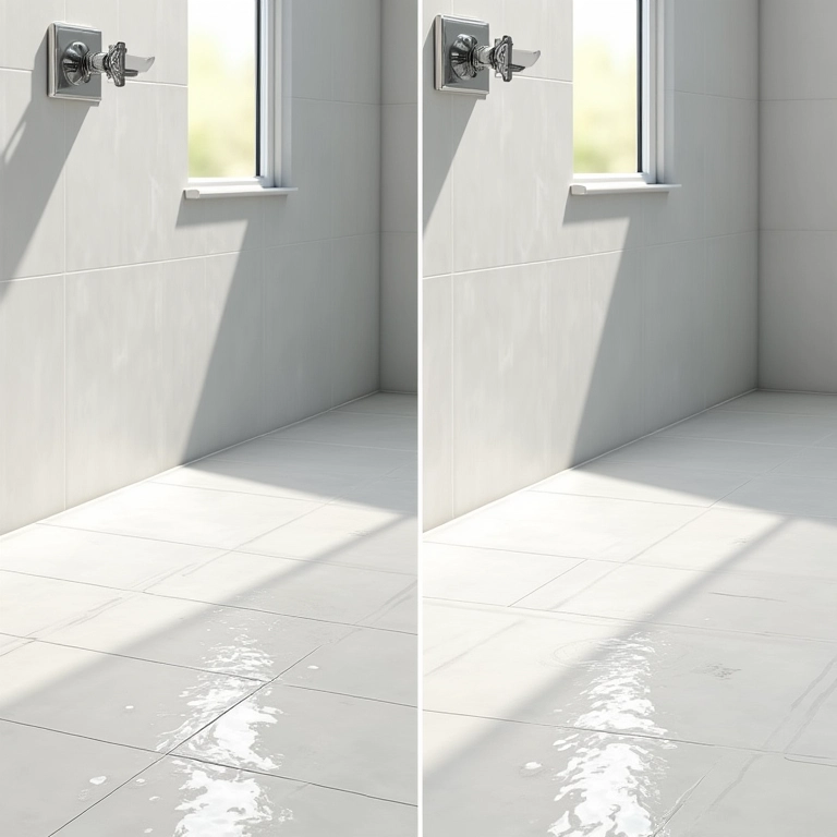 Comparativo entre porcelanato antiderrapante e piso comum no banheiro.