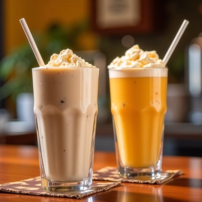 Copos de milk shake clássicos em balcão de café brasileiro.