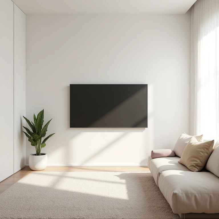 Cores claras ampliando o ambiente de uma sala de TV pequena.