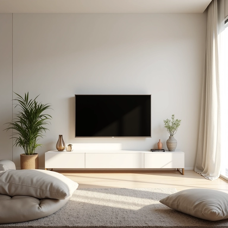 Cores claras e iluminação estratégica em sala de TV pequena.