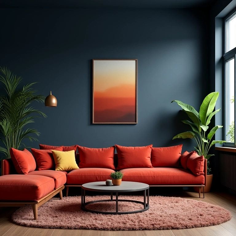 Cores e texturas: tons terrosos, azul escuro e toques de vermelho na decoração.