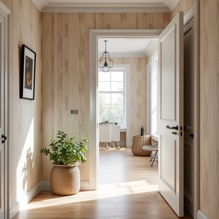 Corredor charmoso com papel de parede que imita madeira.