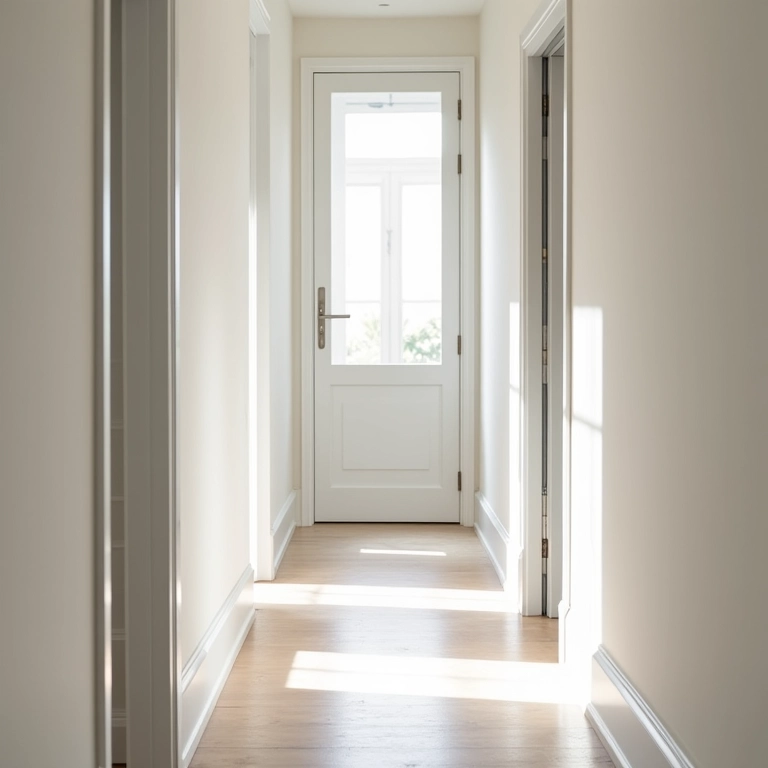 Corredor moderno com rodapé invertido, design limpo e iluminação natural.