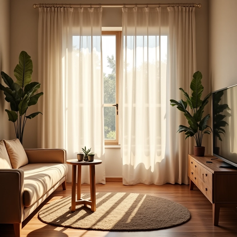 Cortinas leves e claras em sala de TV pequena e aconchegante.