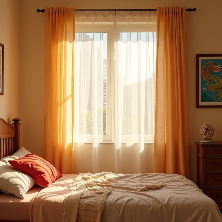 Cortinas leves e fluídas em quarto de adolescente com decoração brasileira.