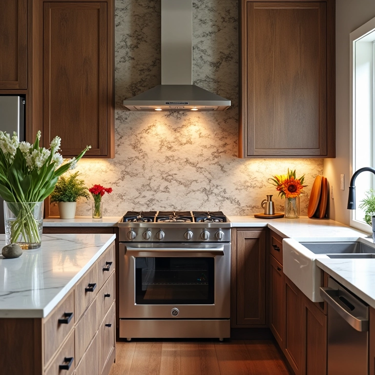 Cozinha aconchegante com cerâmica que imita madeira no backsplash.