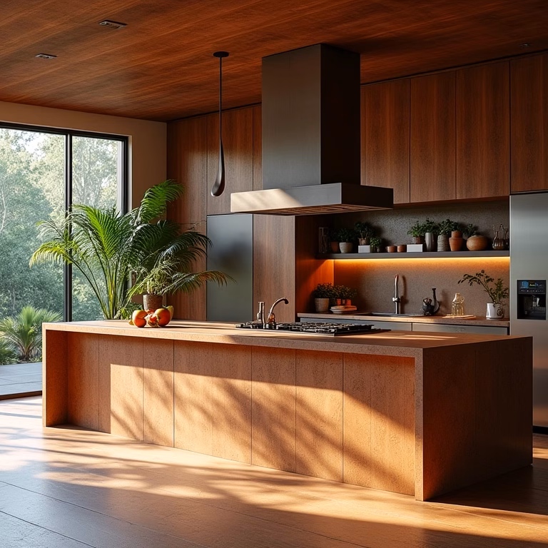 Cozinha brasileira elegante com bancadas de granito marrom iluminada por luz natural.