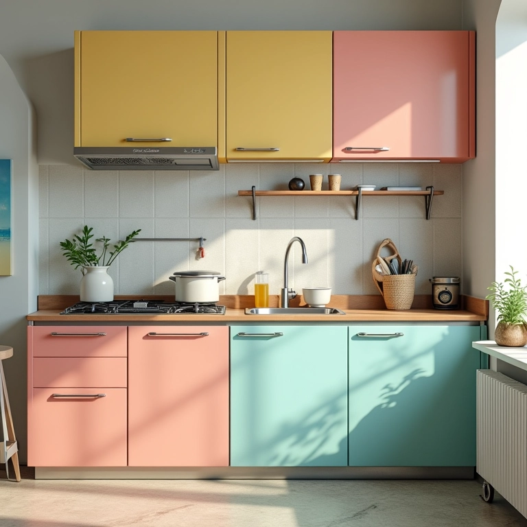 Cozinha charmosa com armários de aço em estilo retrô.