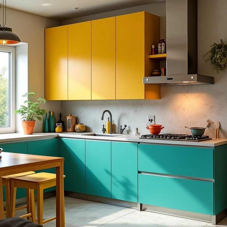 Cozinha divertida com armários de aço coloridos.