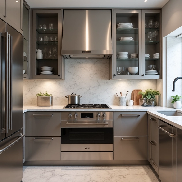 Cozinha elegante com armários de aço e portas de vidro.