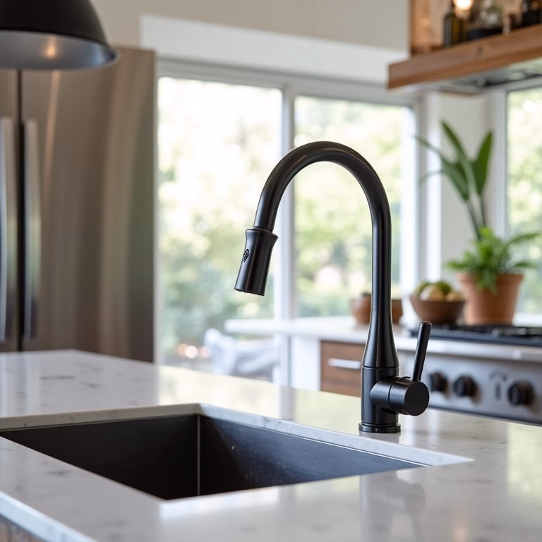 Cozinha gourmet com torneira moderna e iluminação natural.