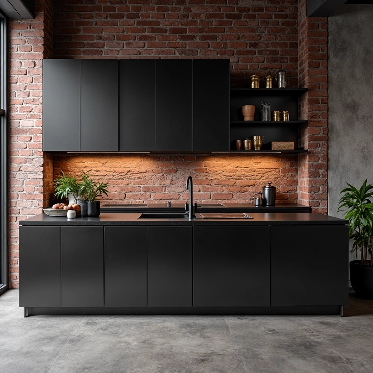 Cozinha industrial com armários de aço preto e detalhes em metal.