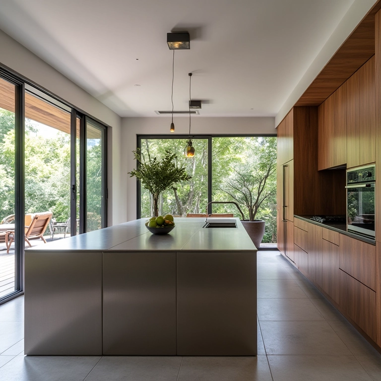 Cozinha Itatiaia de aço em casa brasileira iluminada.